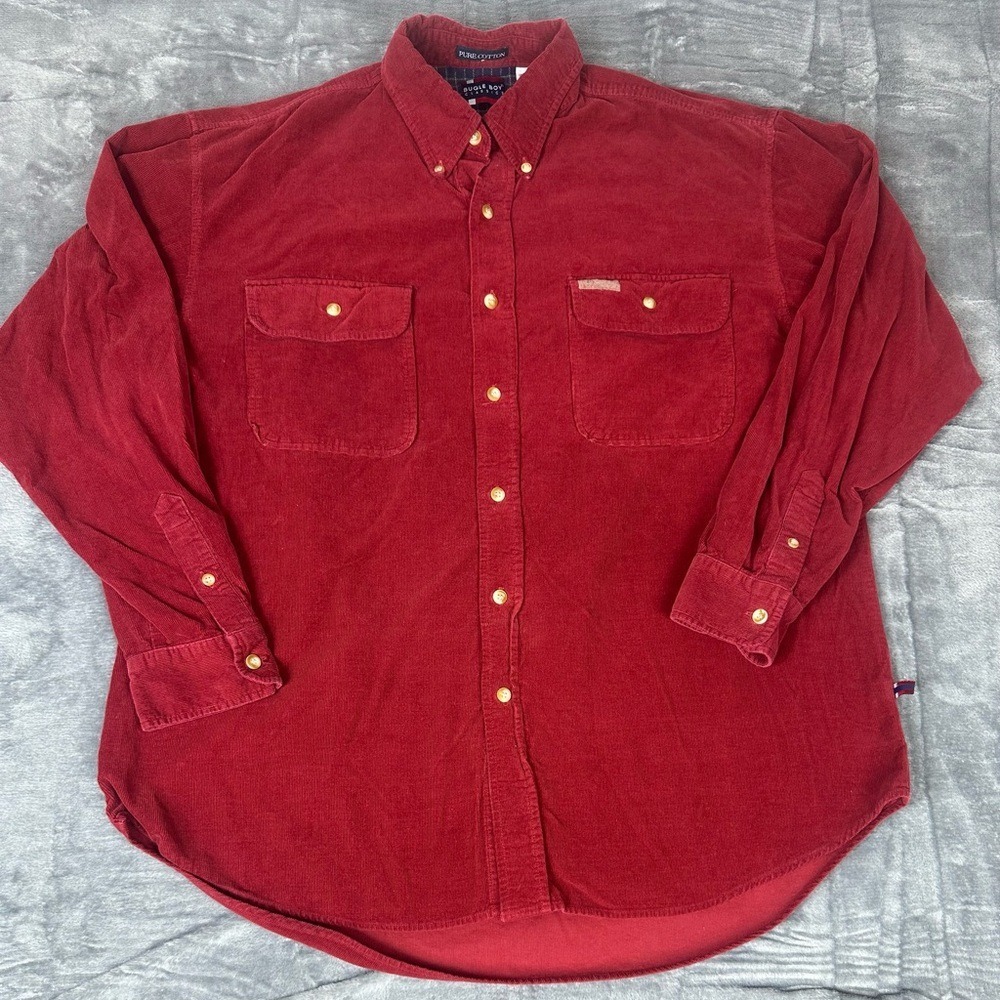 VTG Bugle Boy Corduroy Button Up Shirt Red Mens Large 100% Cotton